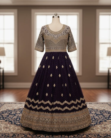 Royal Blue Embellished Festive Gown with Half Sleeves