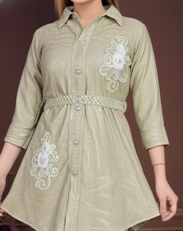 Belted Shirt-Style Tunic & Trouser Set in Pastel Green