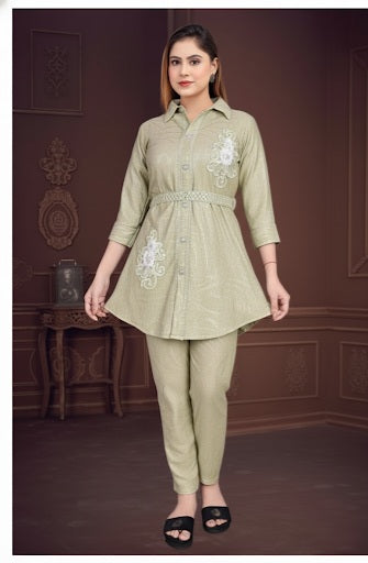 Belted Shirt-Style Tunic & Trouser Set in Pastel Green