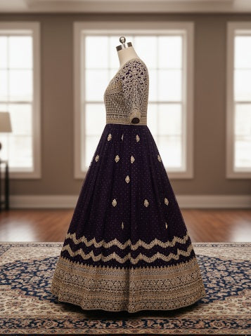 Royal Blue Embellished Festive Gown with Half Sleeves