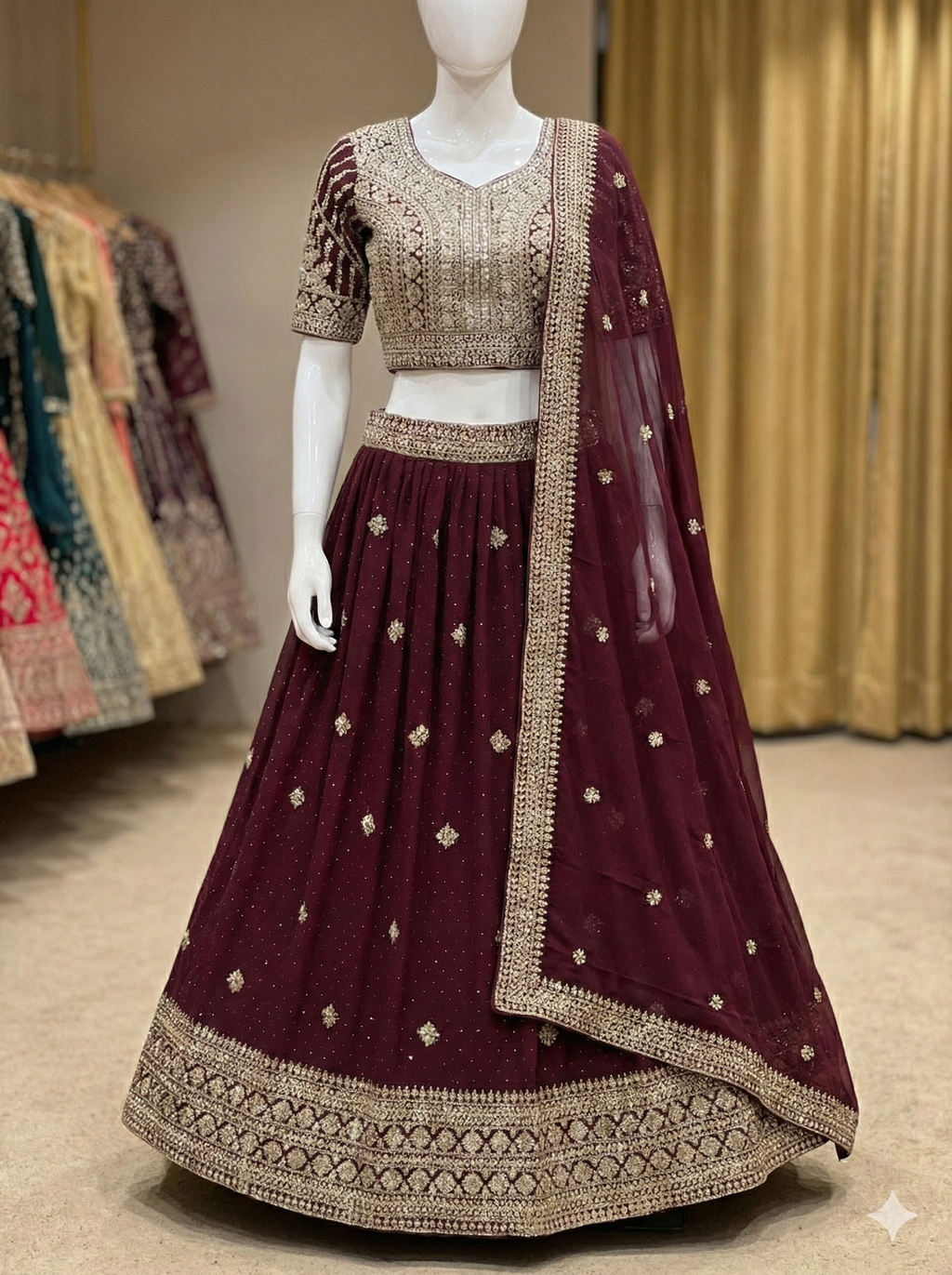 Deep Maroon Georgette Lehenga Choli with Heavy Zari Embroidery