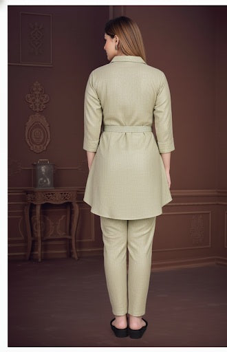 Belted Shirt-Style Tunic & Trouser Set in Pastel Green