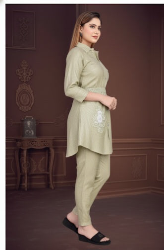 Belted Shirt-Style Tunic & Trouser Set in Pastel Green