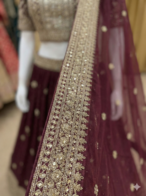 Deep Maroon Georgette Lehenga Choli with Heavy Zari Embroidery