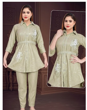 Belted Shirt-Style Tunic & Trouser Set in Pastel Green