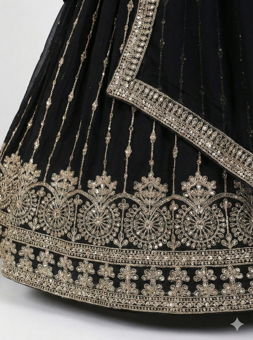 Black and Gold Zari and Sequin Embroidered Lehenga Choli Set